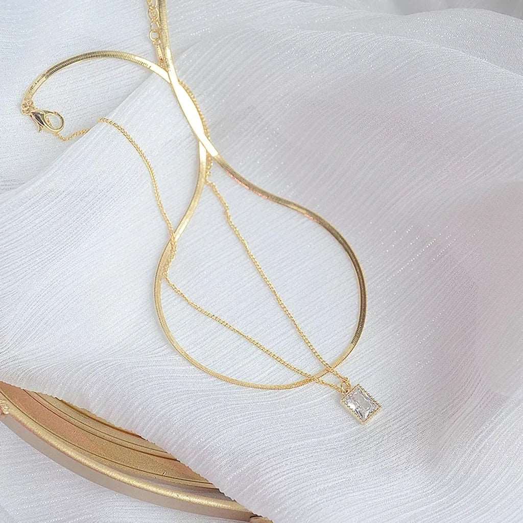 Double Layer Stainless Steel Chain Charm pendant Necklace