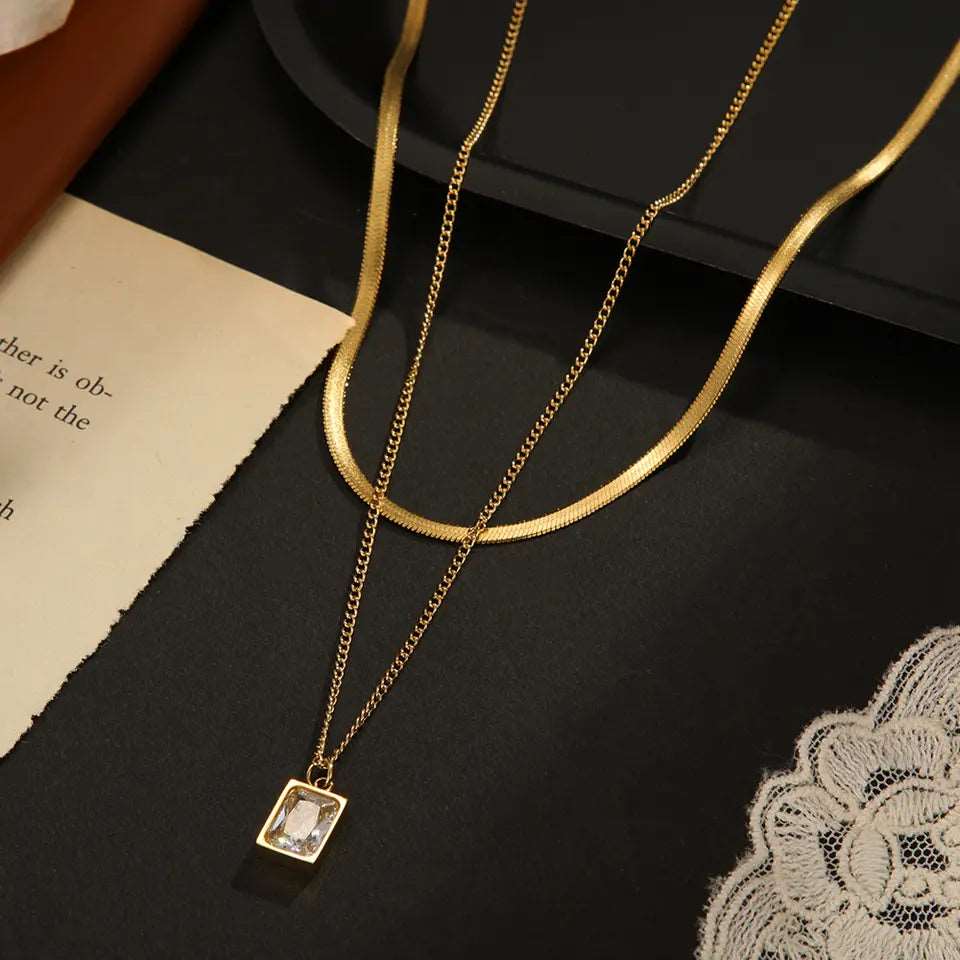 Double Layer Stainless Steel Chain Charm pendant Necklace