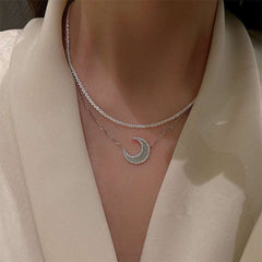 Double Layer Opal Moon Charm Necklace