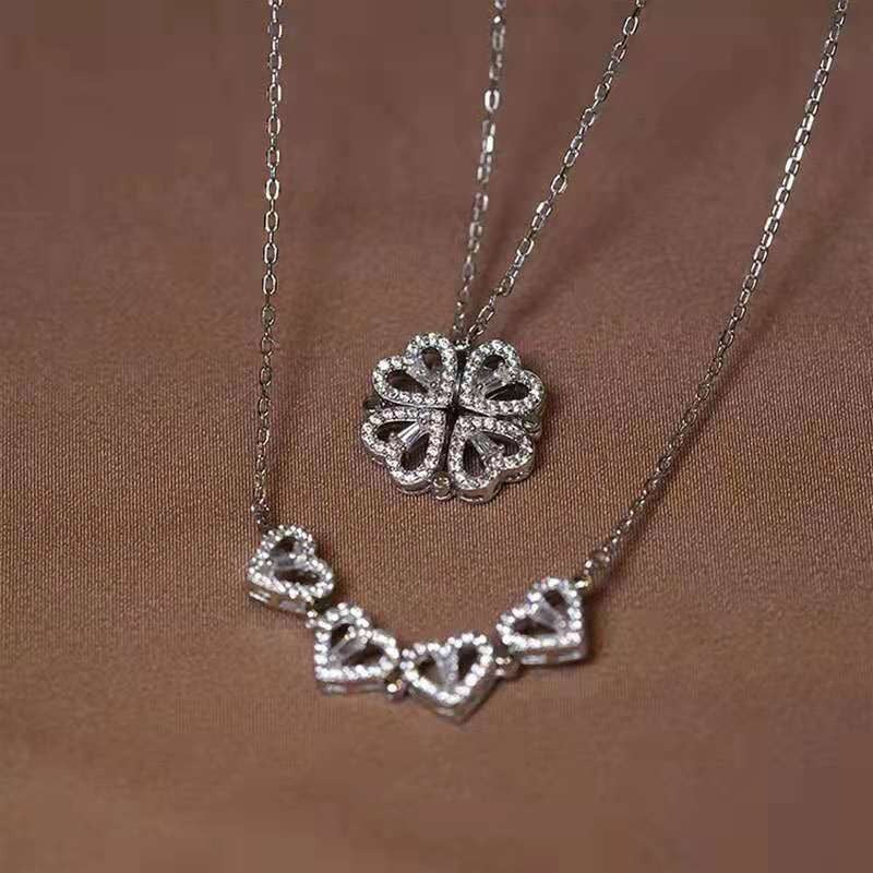 Four Leaf Clover Hearts Necklace Lucky 4 in 1 Pendant Stainless steel